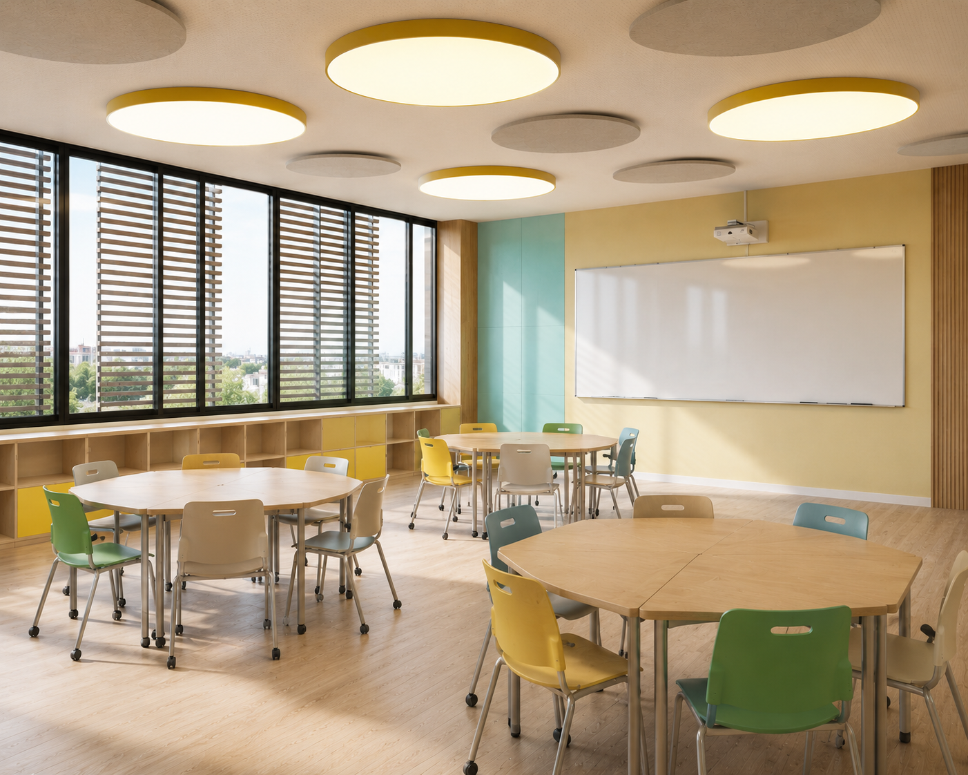 Sala de aula com iluminação difusa e circular, sem ofuscamento